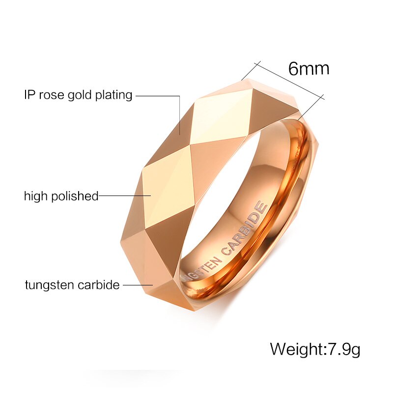 Trendy Rose Gold Colors Rhombus Ring Tungsten Carbide Wedding Ring For Men Size 6 to 11