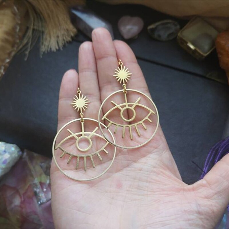 eye sun earrings Geschenk brass messing gold Hippie witchy magic hoop earring jewelry
