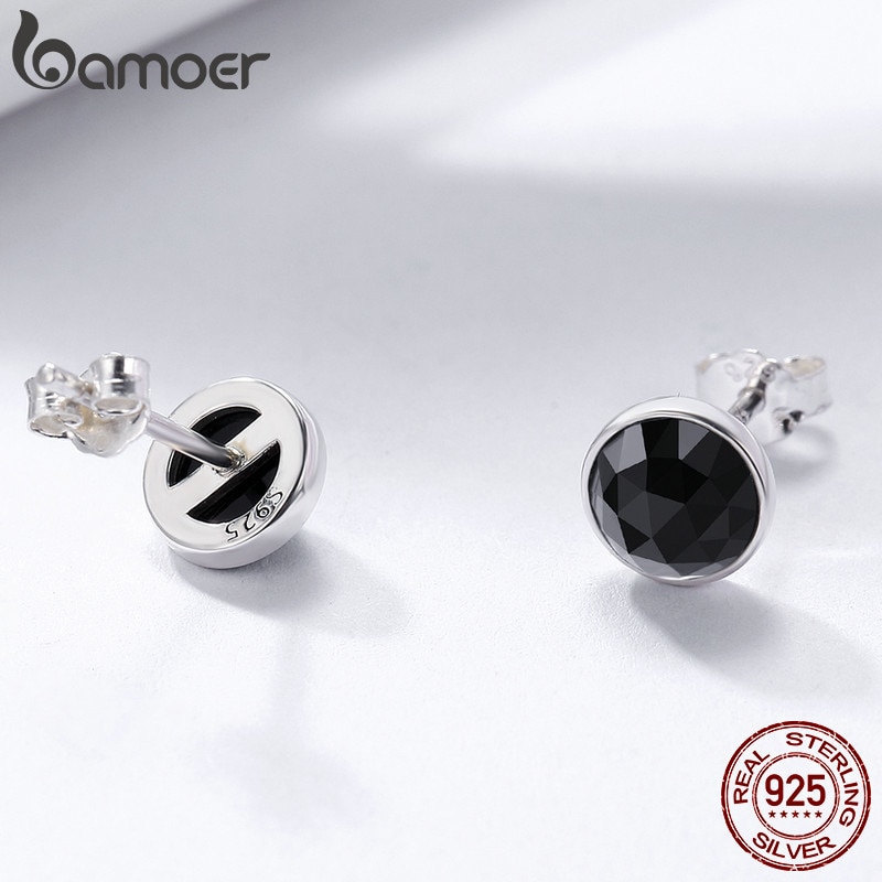 BAMOER 100% 925 Sterling Silver June Droplets Stud Earrings, Black Crystal Stud Earrings Women Sterling Silver Jewelry PAS523