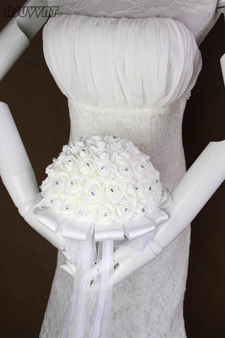 Ramo de flores de seda de para dama de honor, flores de espuma de boda, Rosa Blanca, ramo de novia de satén Noble, accesorios de boda
