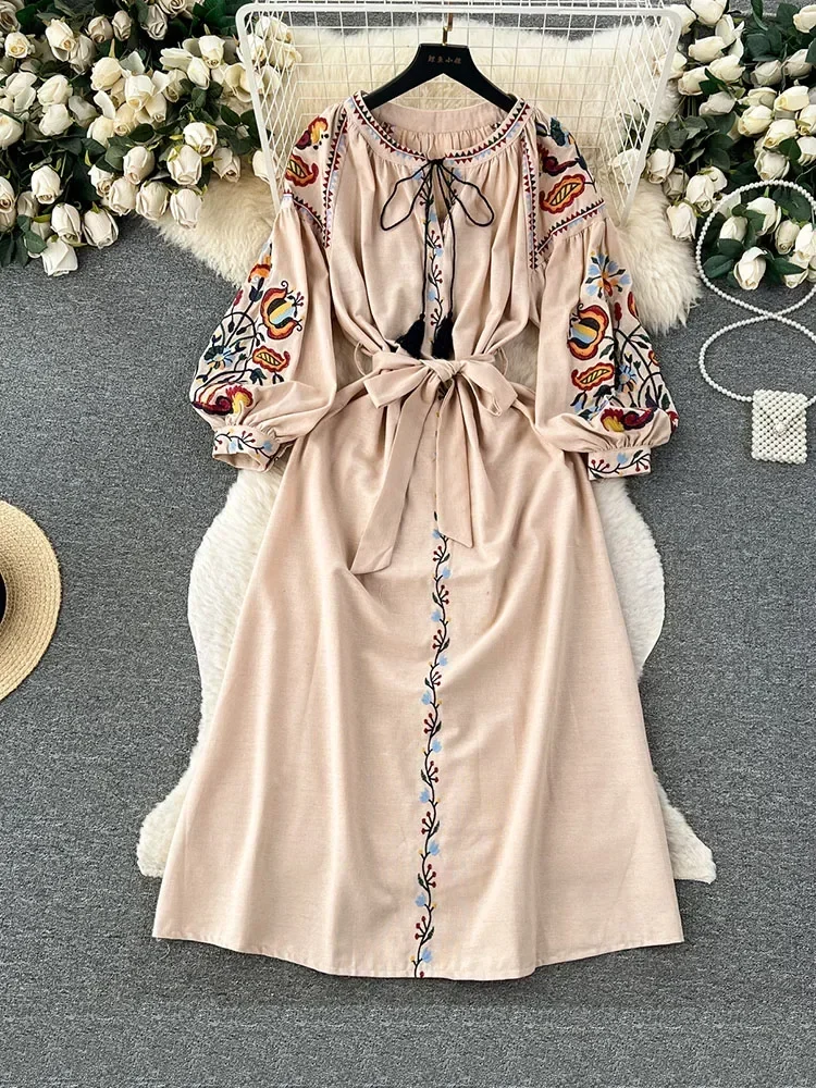 Boho-Kleid für Damen, Jahrgang-Stil, Ethno-Stil, Laterne, langärmelig, bestickt, Rundhalsausschnitt, schmales A-Linien-Kleid aus Baumwolle und Leinen