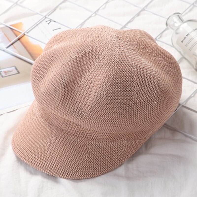 Octagonal Cap Straw Women Summer Thin Newsboy Cap Painter Straw Knitted Beret Mesh Breathable Sun Hat