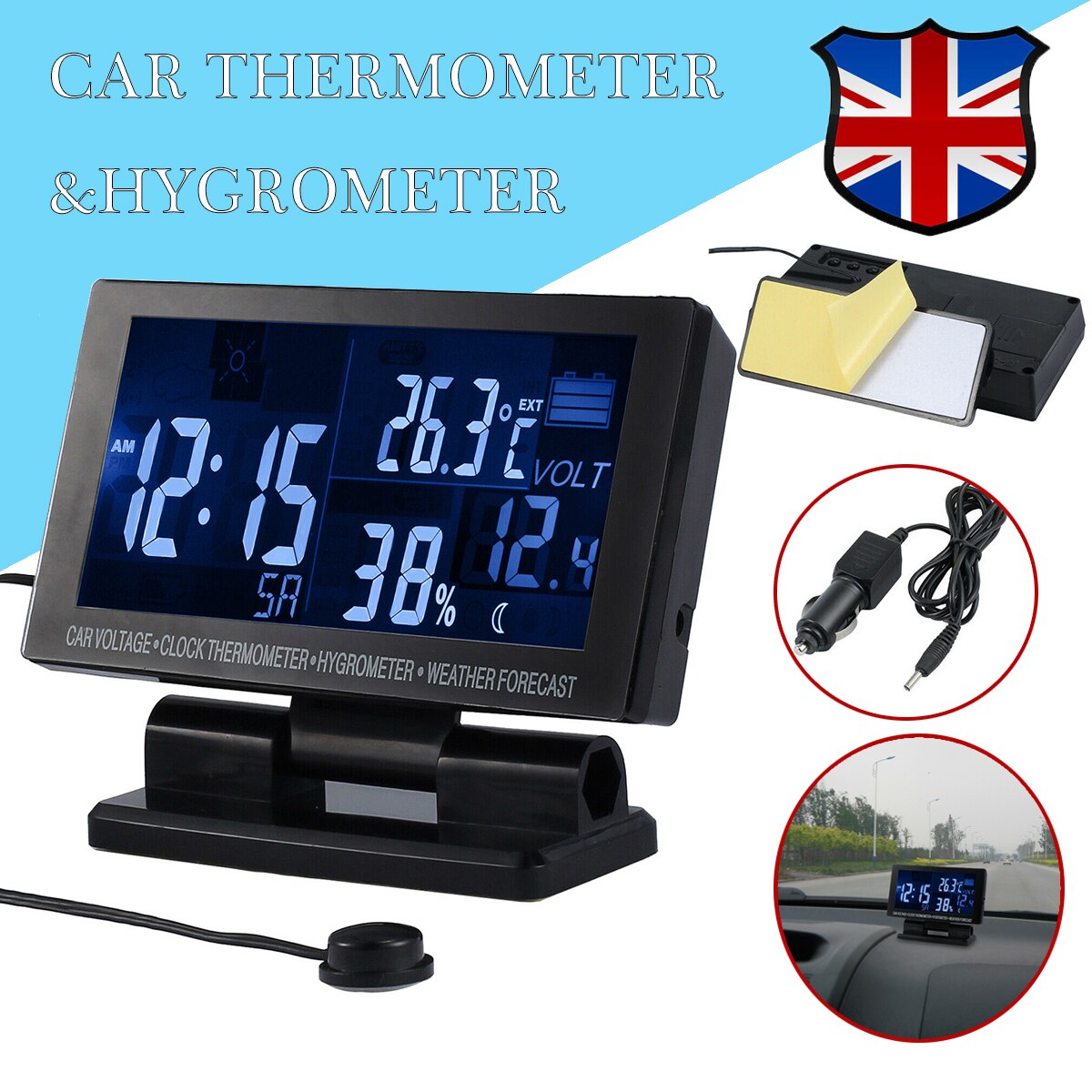 Reloj Digital de coche LCD 5 en 1, termómetro, higrómetro, pronóstico del tiempo, voltímetro Universal para vehículos de 12V 24V