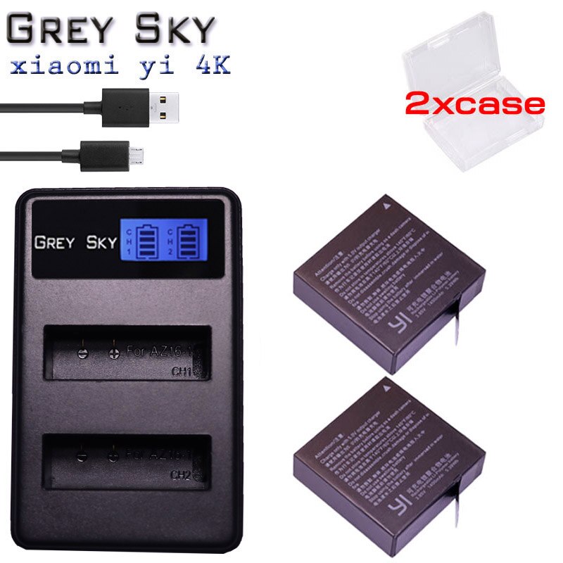 Batería de repuesto AZ16-1 para móvil, 2 uds., para Xiaomi YI 4K 4K + Yi Lite YI 360 VR Action, no para Discovery Version + cargador USB LCD: charger and 2battery
