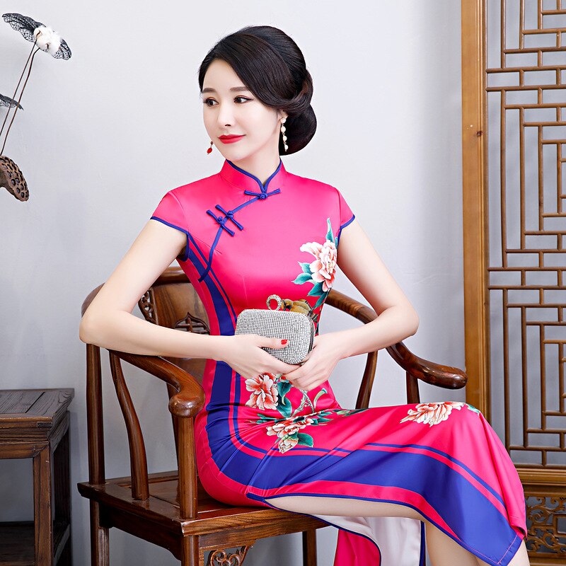 Plus størrelse 6xl kvindelig satin traditionel kinesisk kjole print med korte ærmer qipao vintage orientalsk cheongsam
