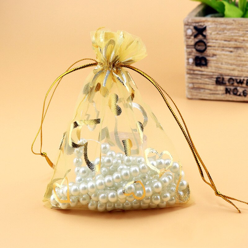 Bolsas pequeñas de Organza para decoración de bodas, embalaje de joyería, dulces de Chocolate, bolsa de con de corazones de Navidad, 100 Uds.