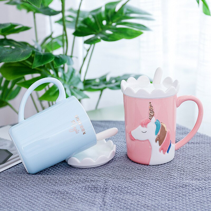 Einhorn Becher Kreative 3D Einhorn Kaffee Tasse mit Löffel und Krone Deckel Trinken Milch Tee Keramik Tassen Weihnachten