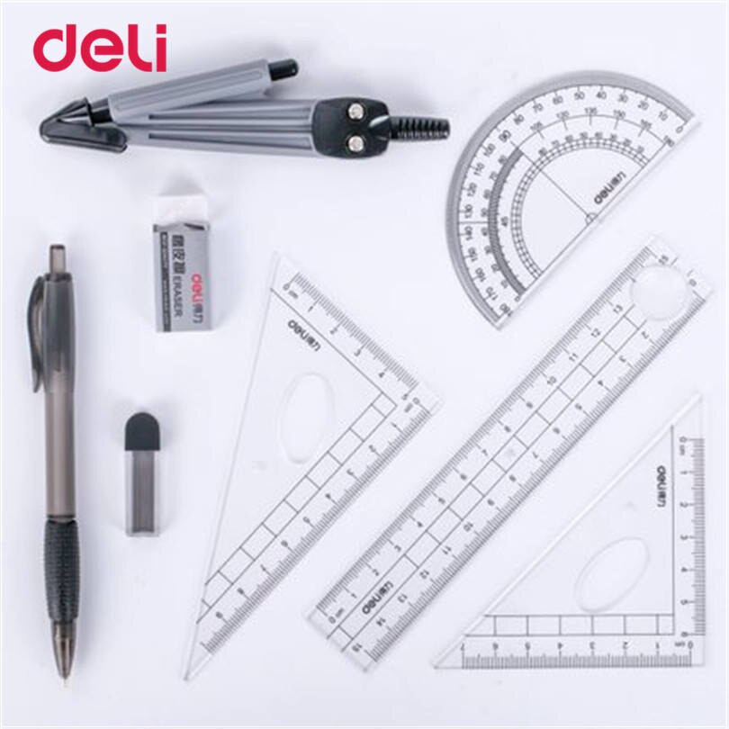 Juego de regla y Compás Deli de ocho piezas, juego de regla y Compás triangulares de enseñanza de prueba de dibujo para estudiante de escuela