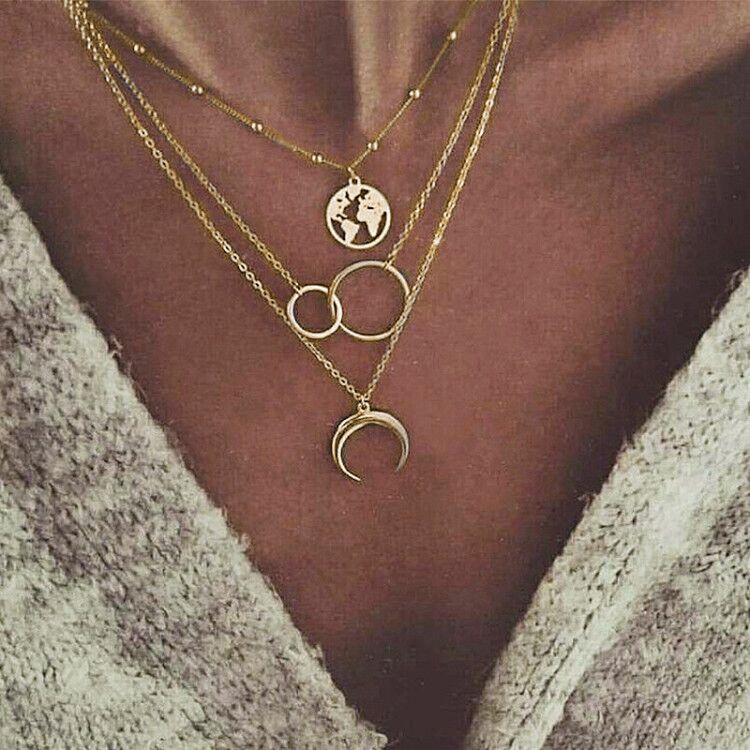 Bohemian Moon Pendant Multilayered Chain Necklace For Women Gold Map Coin Chain Choker Necklace Jewelry Party: CS5346