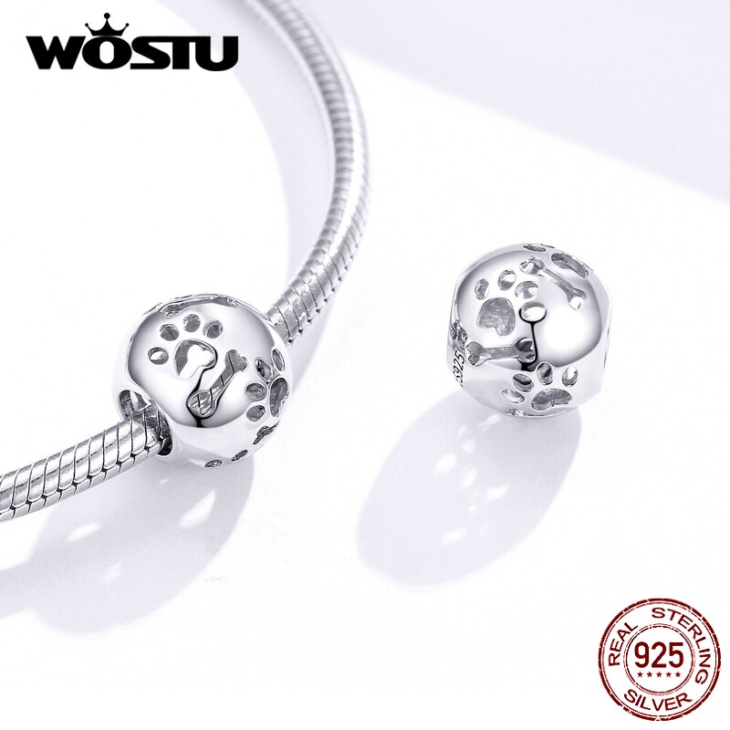 Wastu cuentas de plata de ley 925 para mascotas, cuentas de huellas de gato, dije redondo calado apto para Pulsera Original, colgante, joyería de CTC140