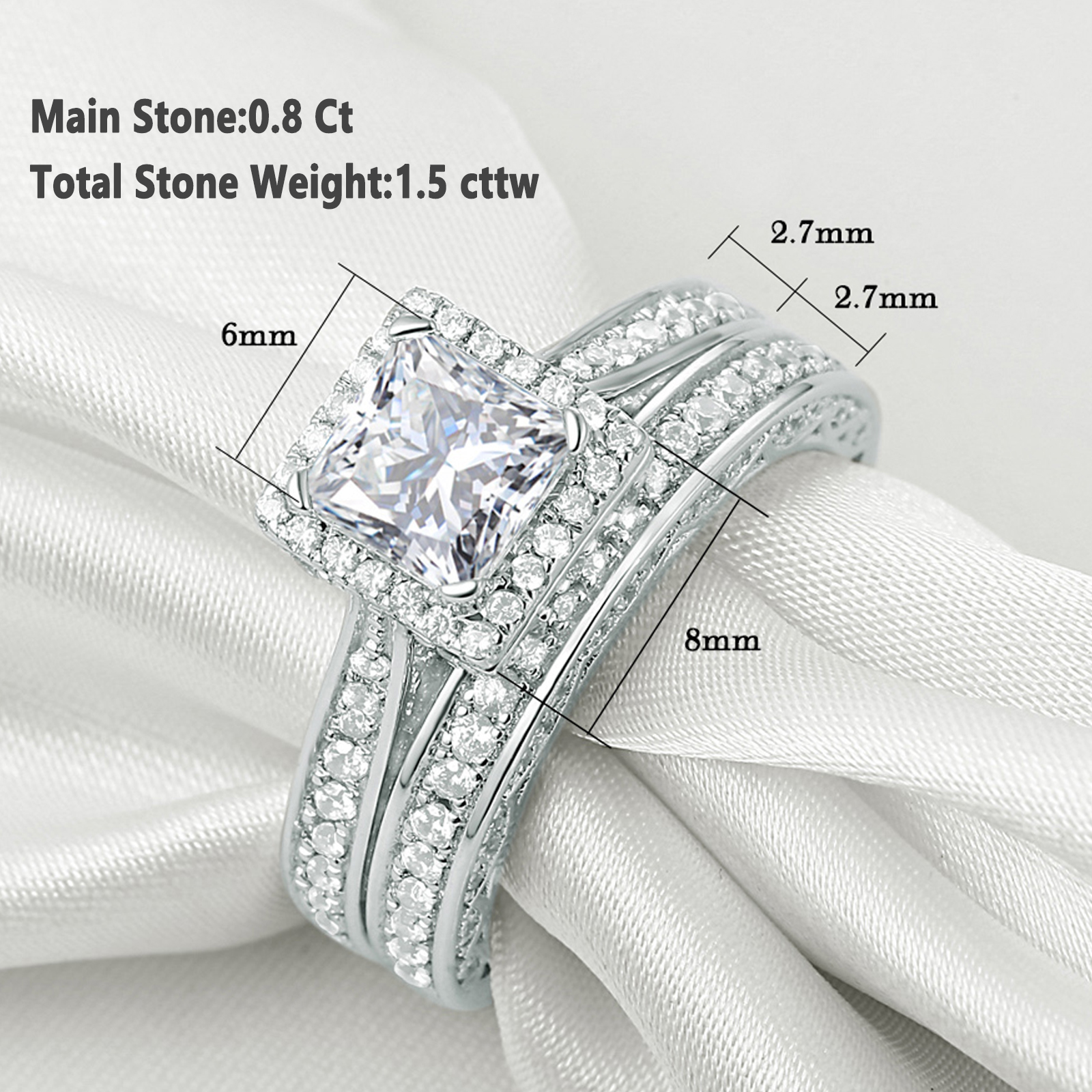 Newshe 2-teiliges Ehering-Set aus echtem 925er-Sterlingsilber, klassischer Schmuck, 0,8 Karat, Princess-Schliff, AAAAA-CZ, Verlobungsringe für Frauen