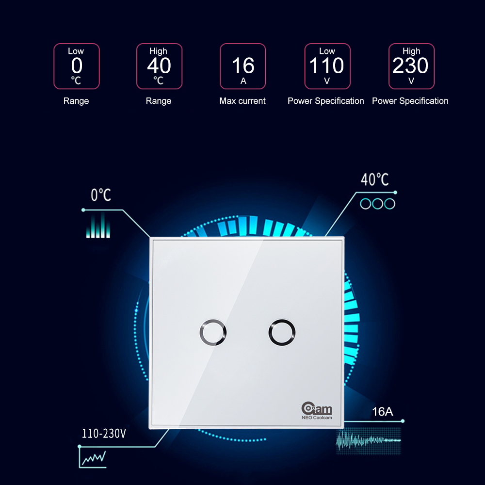 NEO COOLCAM NAS-SC01Z interruptor de luz de pared z-wave Plus, 2CH Gang Home Automation Z wave, interruptor de luz de Control remoto inalámbrico