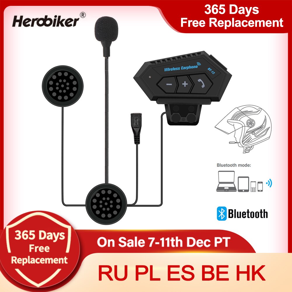 Herobiker motorcykel hjelm headset trådløs bluetooth hovedtelefon højttaler håndfri musik automatisk opkald svar håndfri bt -12