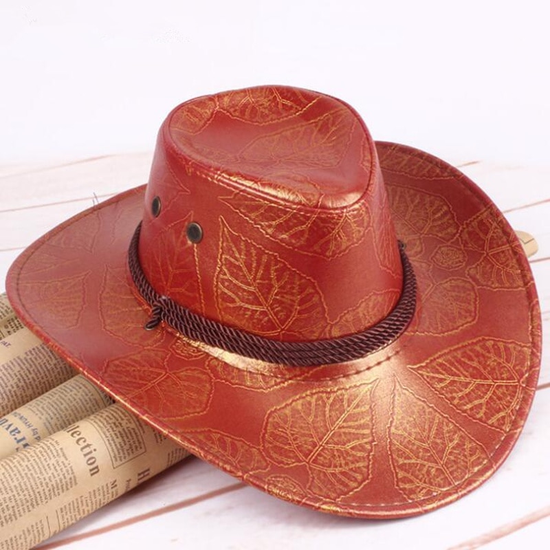 Classical Western Cowboy Hat For Men Women PU Leather Wide Brim Outdoor Jazz Sunhat Adjustable
