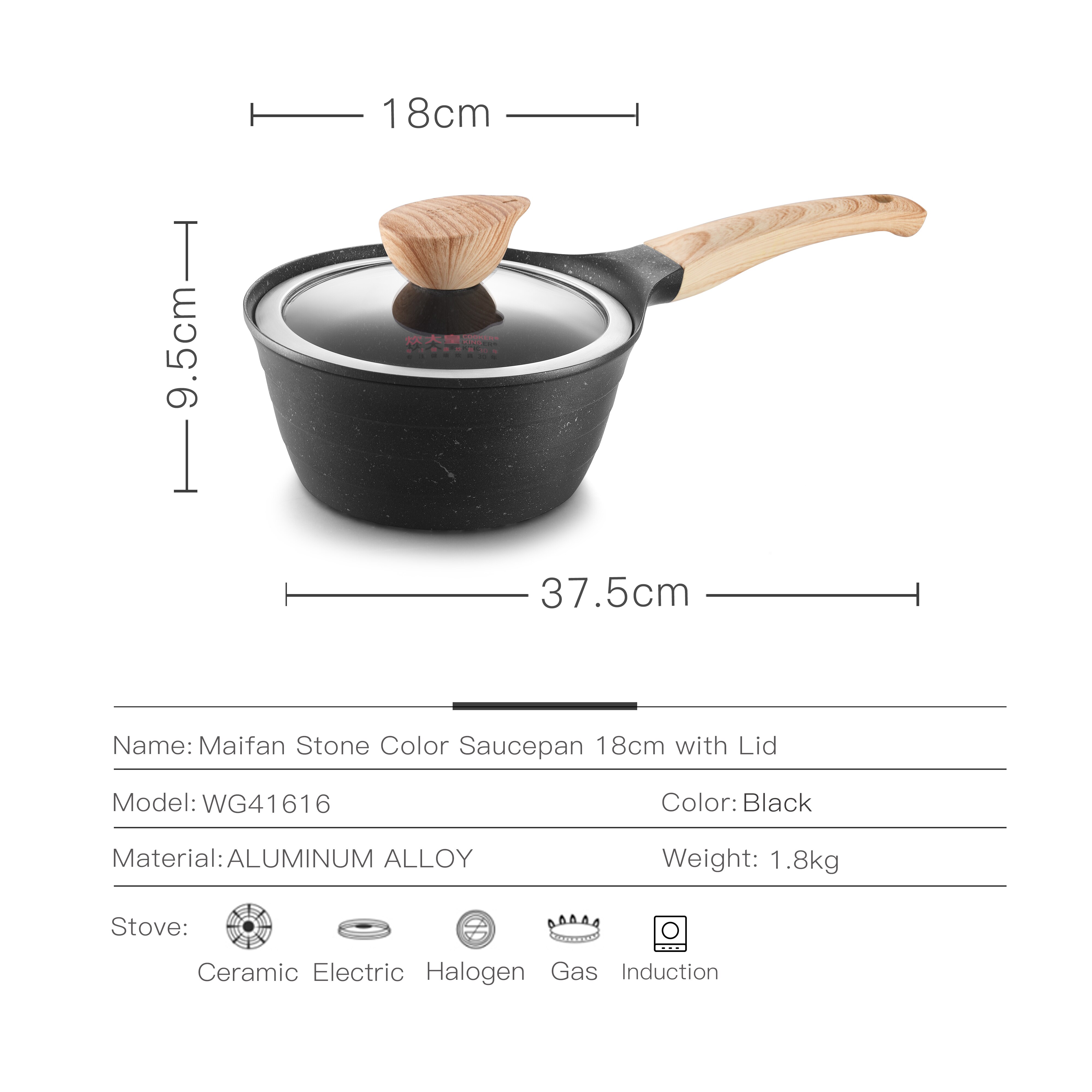 COOKER KING Granite Nonstick Saucepan Milk Pot Fondue Cookware Soup Pan With Lid Bakelite Handle Maifan Stone Induction 18cm