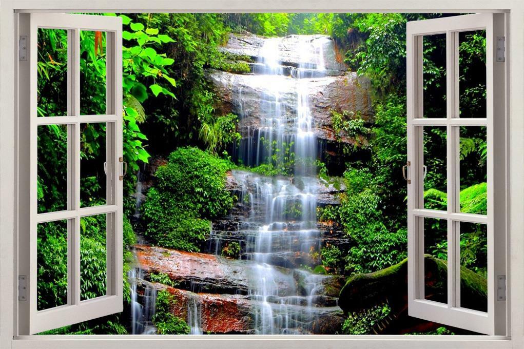 3D Mountain Waterfall Window Frame Window Mural Vinyl Bedroom Vinyl Wallpaper Wall Decals Stickers Christmas Wall Sticker