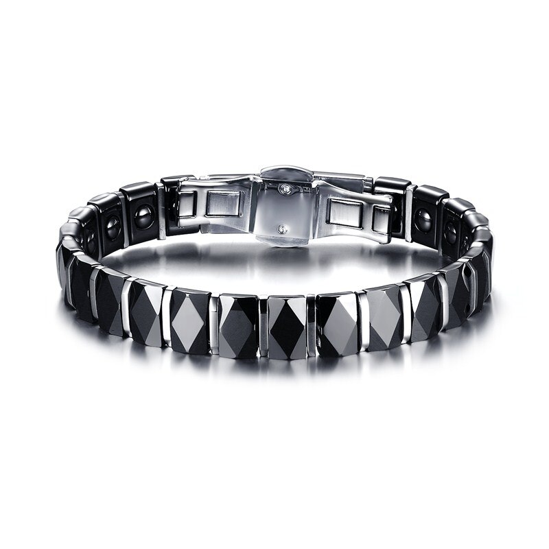 Men Stainless Steel 2-Tone Ceramic Therapy Bracelet for Male Female Unisex Trendy Jewelry Black Rose Gold-color 19cm