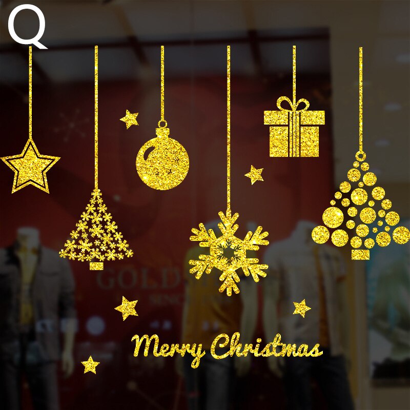 Glänzende Gold Weihnachten Baum Fenster Aufkleber Santa Fahrt Weihnachten Girlande Zauberstab Decals Neue Jahr Schaufenster Aufkleber Schneemann Wohnkultur: Q