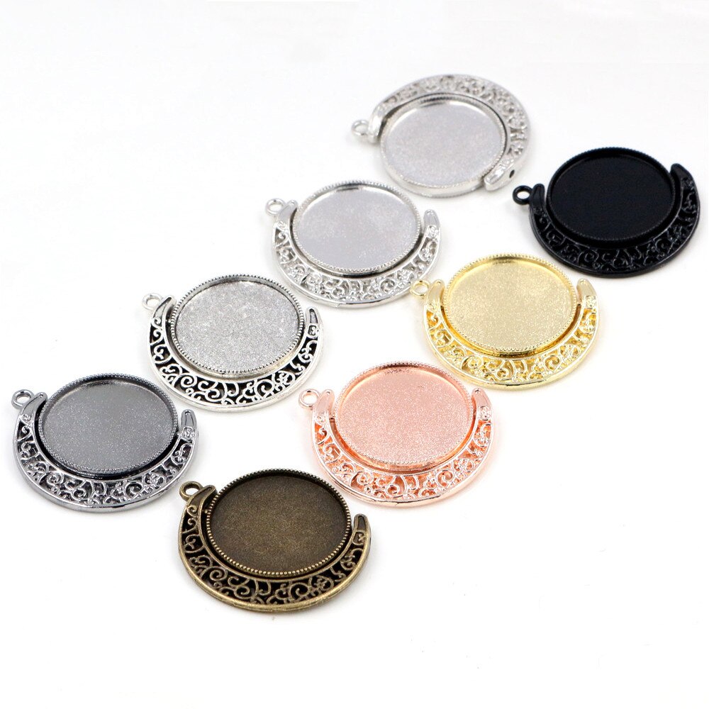 5pcs 18mm 25mm Inner Size Moon Rotation Double Side Antique Silver Plated 7 Colors Cameo Cabochon Base Setting Charms Pendant: Mix 5pcs / Inner Size 25mm