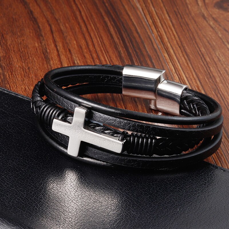 Pulsera de cuero de acero inoxidable para hombre, brazalete clásico con de Cruz Multicolor de lujo, para hombre: color 3 / 19 cm