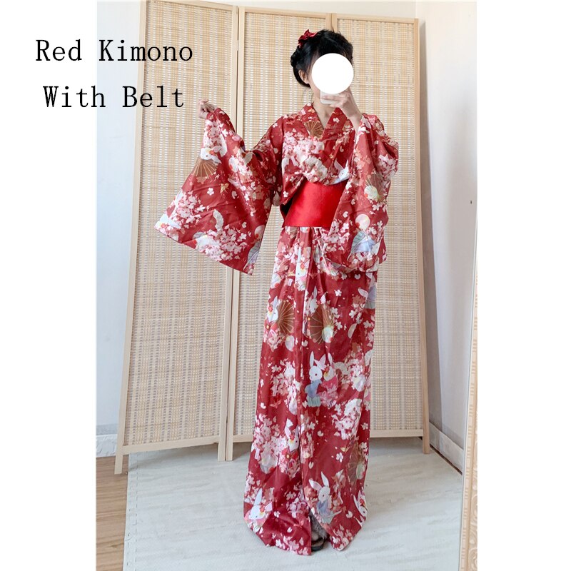 Vestido Kimono tradicional japonés para mujer, Kimono Oriental Yukata para Festival de Año , disfraces de Cosplay Vintage Obi: Color1 With Belt