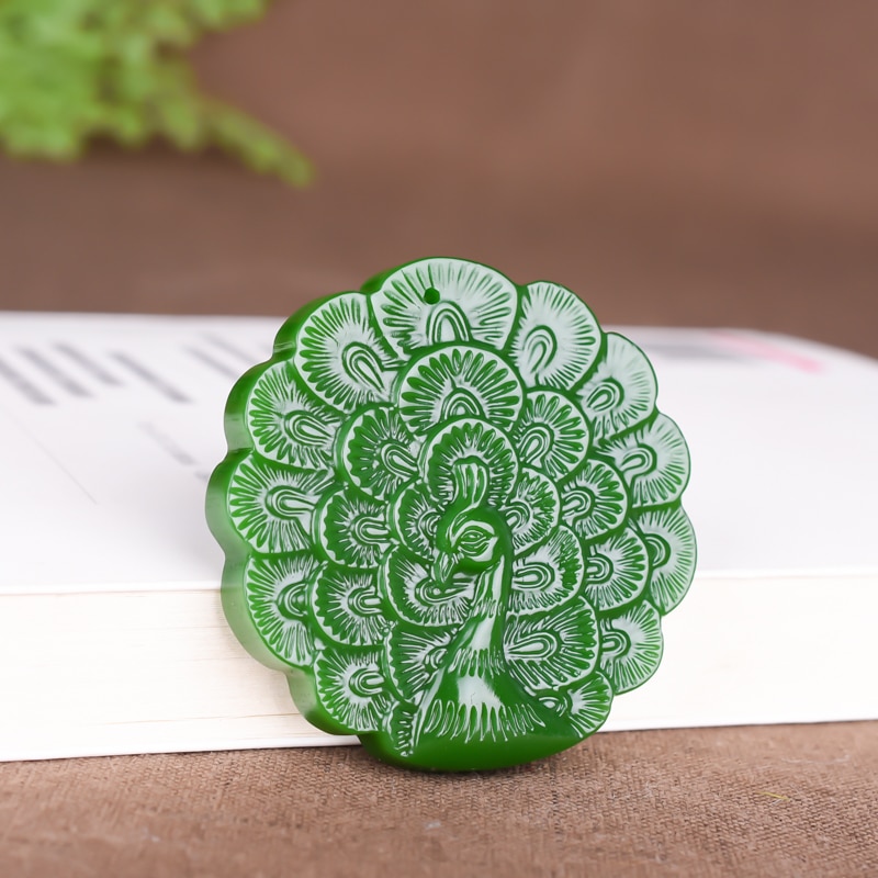 Natural Green Jade Peacock Pendant Necklace Hand-Carved Chinese Charm Jewelry Accessories Amulet for Men Women