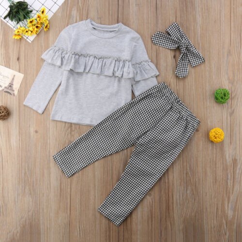 Bambino del bambino Bambini vestiti Del Bambino Della Ragazza Ruffle manica lunga Magliette e camicette + plaid Pantaloni Leggings + fascia per capelli 3 pz Outfits Vestiti set