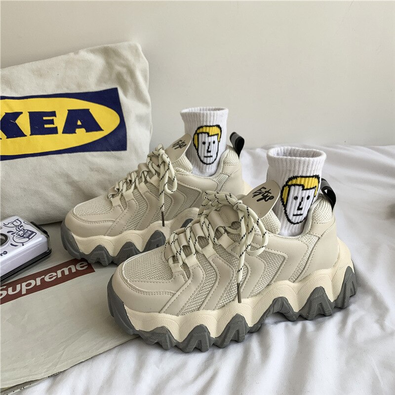 Chunky sneakers dam platta skor kvinna platå sneakers för dam skor trend casual sneaker tenis kvinna solid: Beige / 35