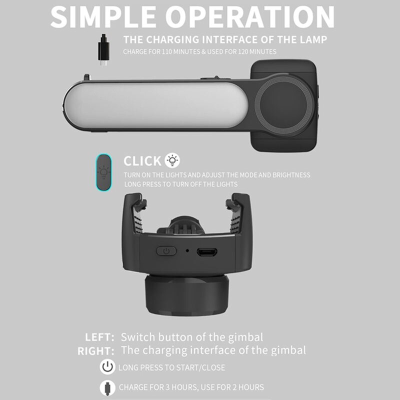 Gimbal-stabilisator, einachsen-stabilisator, bluetooth-selfie-stick, anti-shake-stativ mit led-fülllicht für iphone/android
