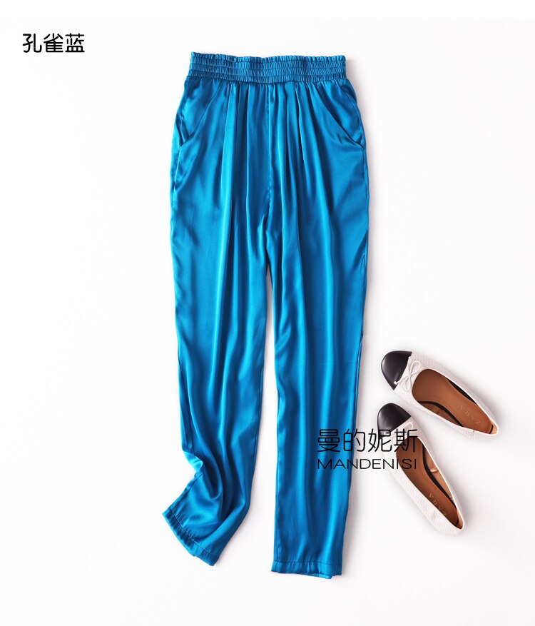 Vrouwen 93% Zijde 7% Spandex Satijn Zijde Lange Broek Broek Harembroek Mode Elastische Taille Vele Kleuren L1013: peacock blue