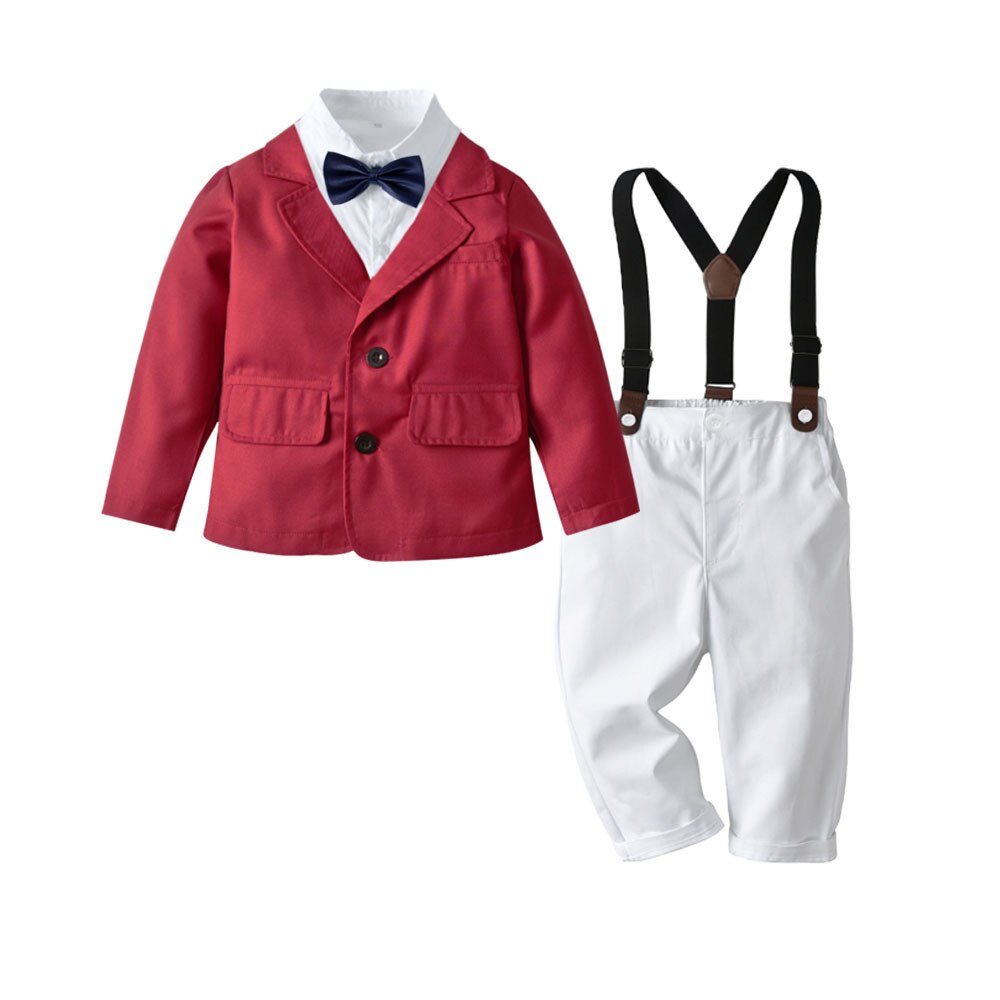 Fasahion Kinderen Past Voor Jongen Kleding Rode Jas + Shirt + Broek + Boog 4 Stuks Jongen Kind Kostuum Kleding set Voor Wedding Party
