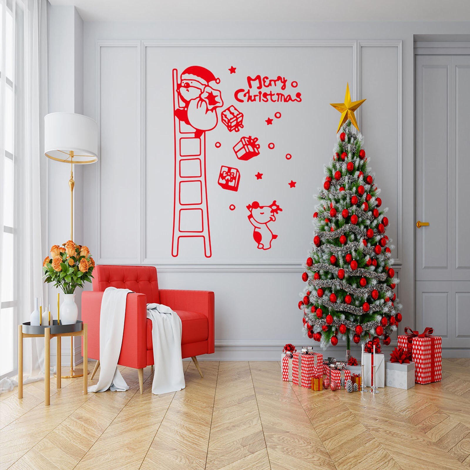 Kerst Venster Muurstickers Ladder Kerstman Stickers Kamer Decals Voor Muren Gelukkig Nieuwjaar Vrolijke Kerstmis Home Decorations