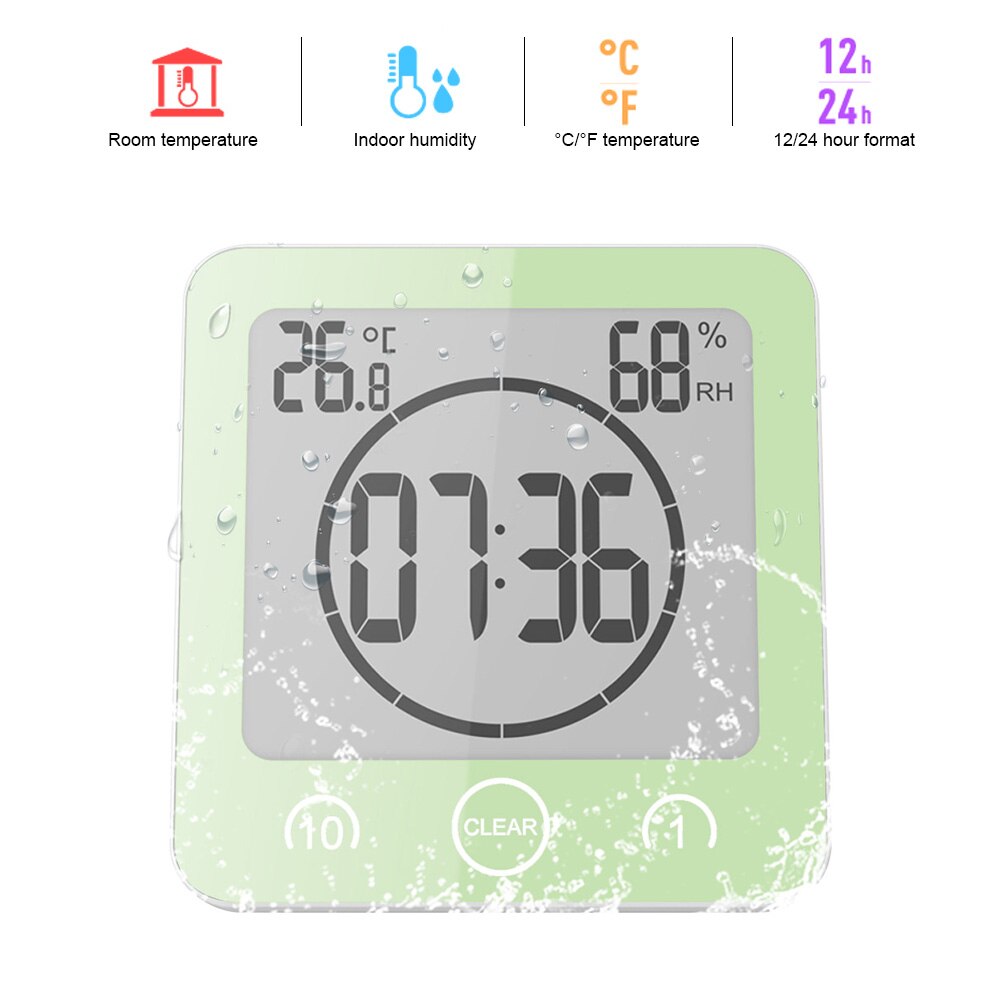 LCD Screen Waterproof Digital Bathroom Wall Clock Temperature Humidity Countdown Time Function Wash Shower Hanging Clocks Timer: Green