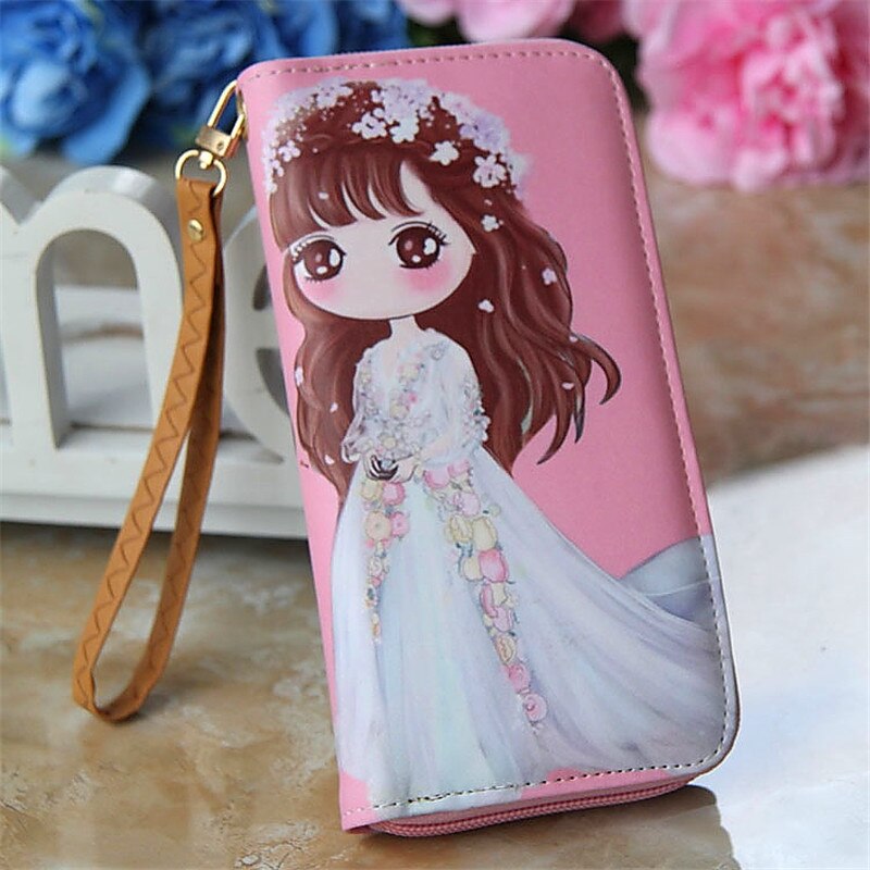 Lovely Women Girl Long Cartoon Raffiti Wallet Bag with Strap Card Holder Coin Purse Change Wallet Zip PU Leather Letter Handbags: 3