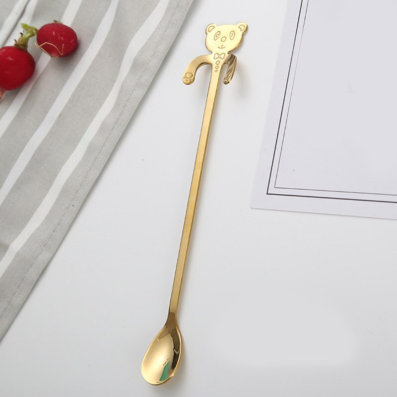 20 cm Panda lindo cuchara de café de acero inoxidable cuchara con forma de Panda cucharadita de postre de cuchara helado Mini vajilla de cucharas: Oro