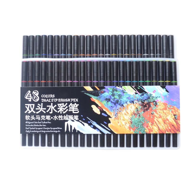 Aquarel Markers 12/24/36/48/60/72/100/120 Kleuren Dual Tip Borstel Pen voor Art Belettering Kalligrafie Pen Маркеры Для Скетчинга: 48 Colors black