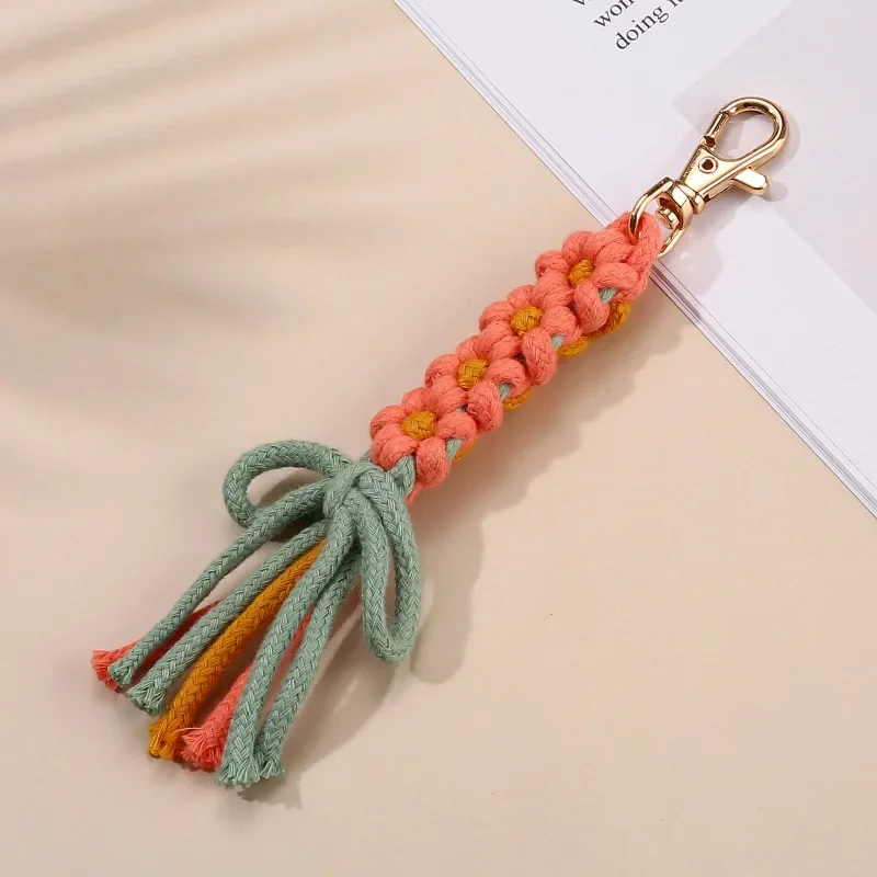 Llaveros de cuerda de algodón multiusos, llavero de cuerda de algodón trenzado colorido, tirador de cremallera grande, adorno hecho a mano: Rosa