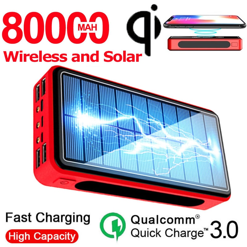 80000mah sem fio banco de energia solar powerbank 4 usb portátil carregador de bateria externa pacote para xiaomi samsung iphone poverbank