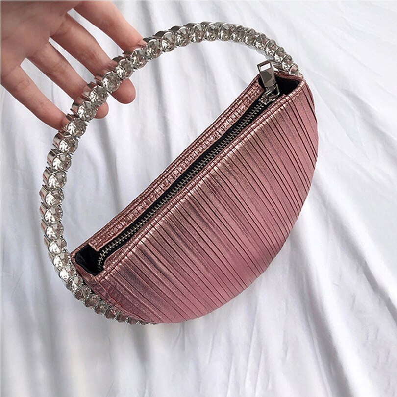 Rhinestone Circular Handle Evening Bag Women Diamonds Round Red Clutch Purse Ladies Chic Handbag Party: Pink