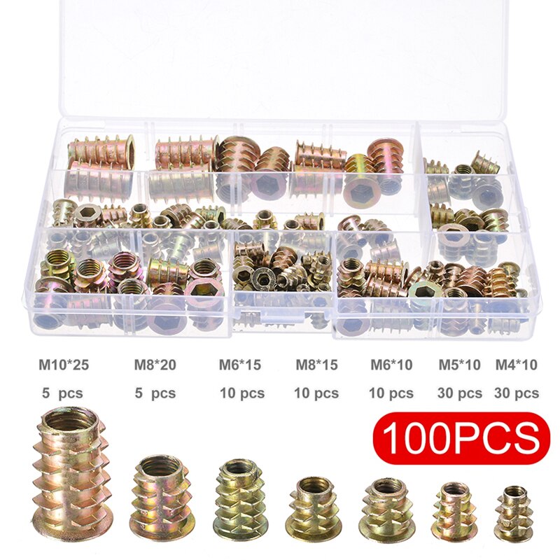 100Pcs M4/5/6/8/10 Schroefdraad Hex Drive Insert Vaststelling Hout Schroef Inserts Noten Schroef schroef Set Metic Moer En Bout Assortiment