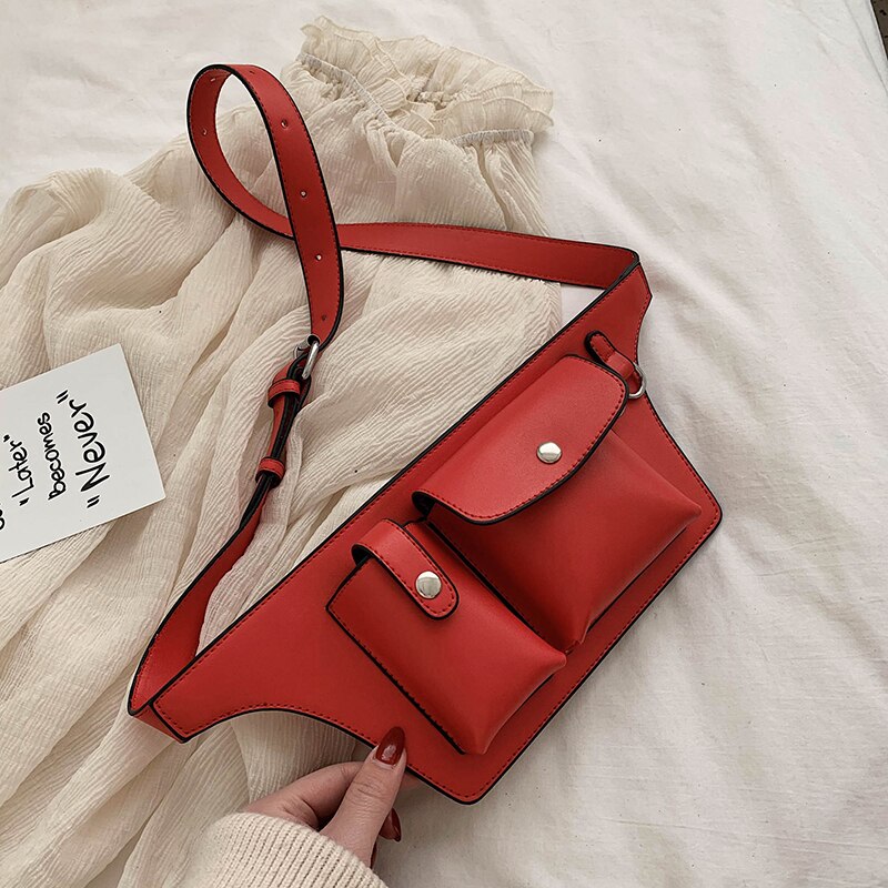 Jin Mantang High PU Waist Bag Female Waist Bag Casual Ladies Handbag Travel Portable Female Waist Bag: Red