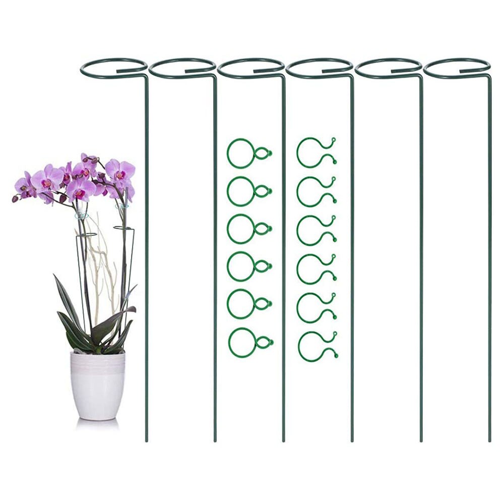 6 Pack Plant Support Stakes Garden Single Stem Plant Cage Support Rings with 12Pcs Clips for Garden Plants(45cm Long)