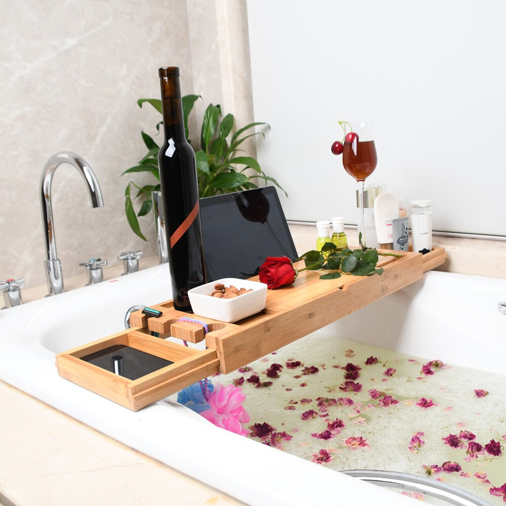 1pc multifunctionele badkuip serveerbladen bamboe badbrug telescopisch opbergrek plank met spiegel voor badkamer thuis