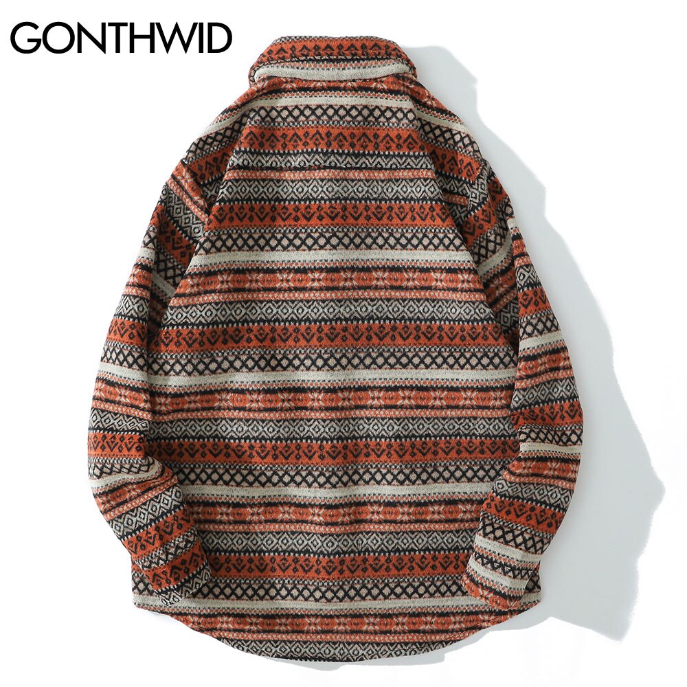 Gonthwide lange ermer tykke skjorter kåper streetwear hip hop geometri farge blokk stripete skjorter herre harajuku casual skjorte topper