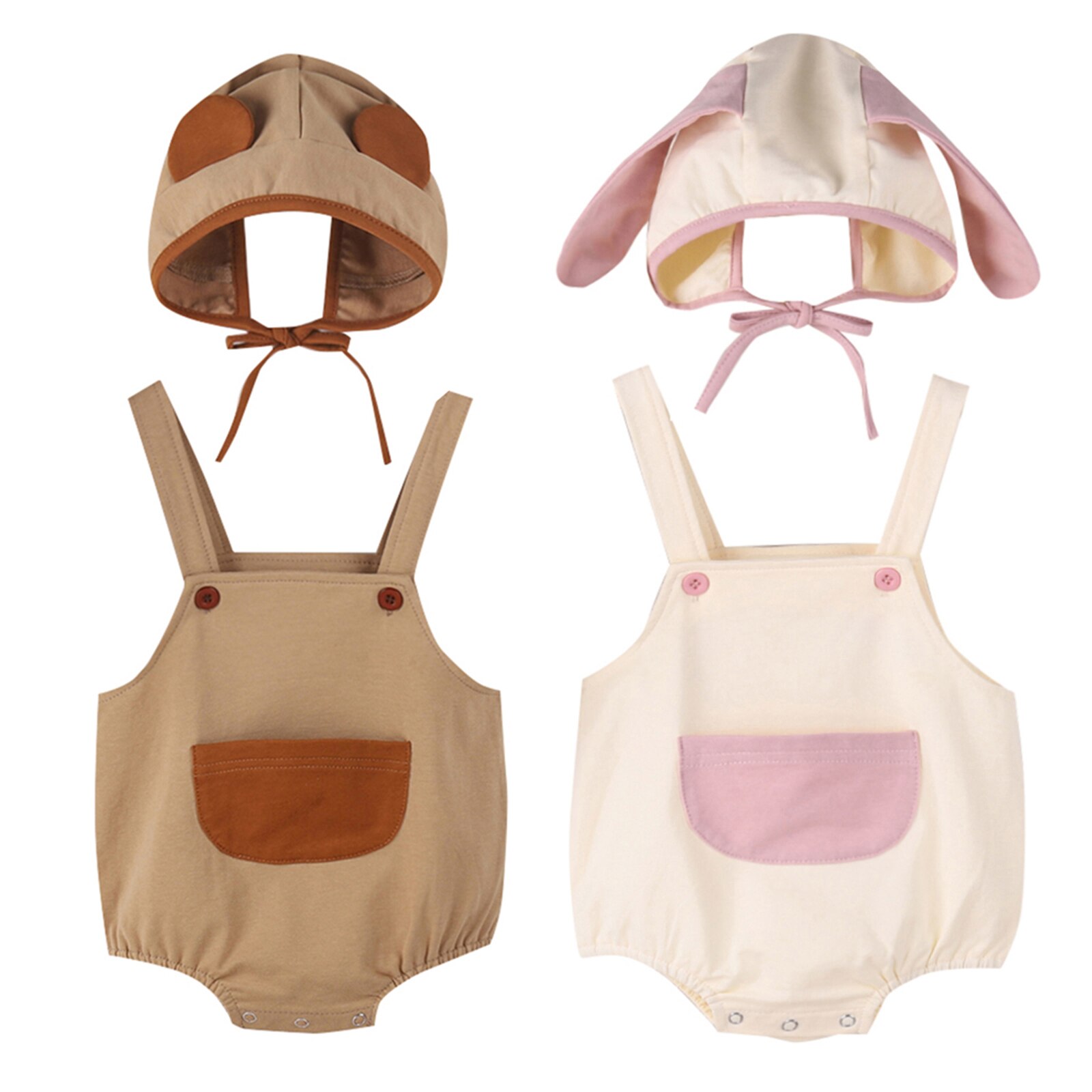 Atmungsaktiver Baby-strampler für mädchen und jungen, süßer sommer-Gesamt mit taschen, ärmellos, mit trägern + niedliche mütze