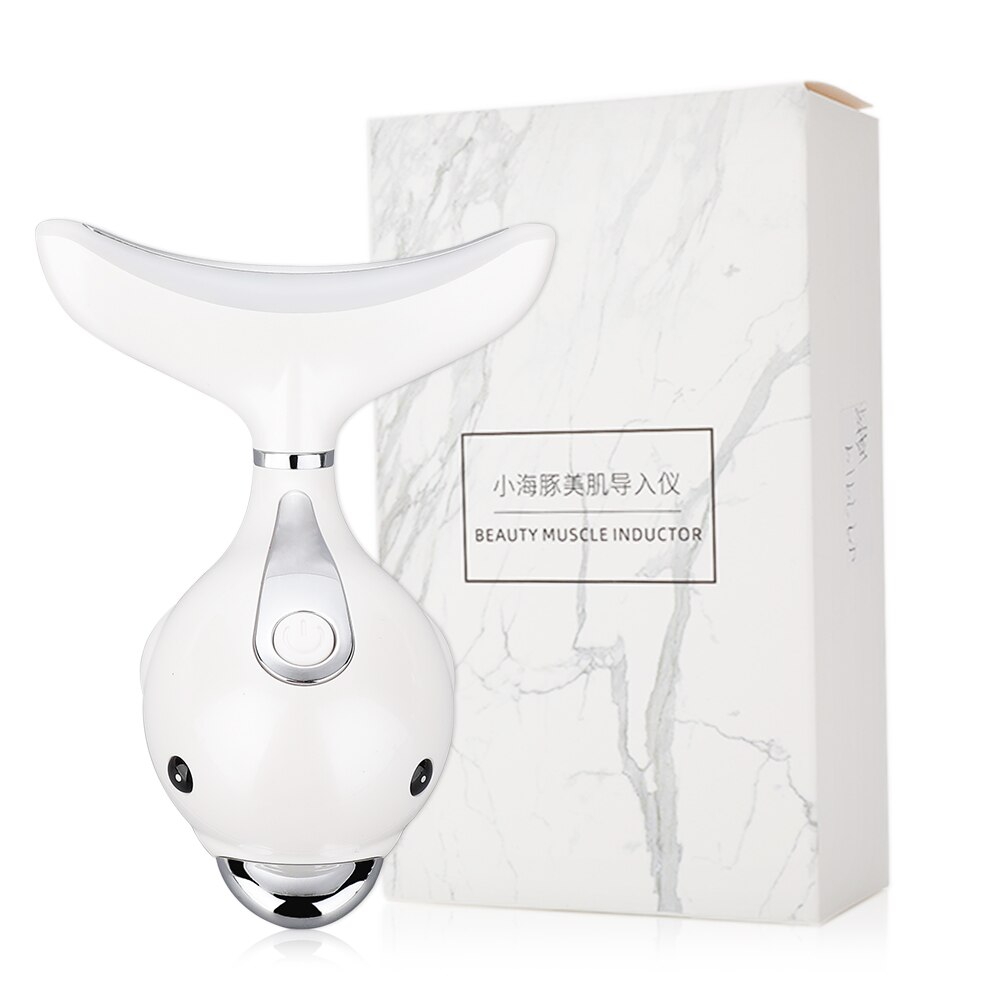 3 Colors LED Photon Therapy Neck and Face Lifting Tool IPL Vibration Skin Tighten Reduce Double Chin Anti-Wrinkle Remove Device: Dolphin Type   Box