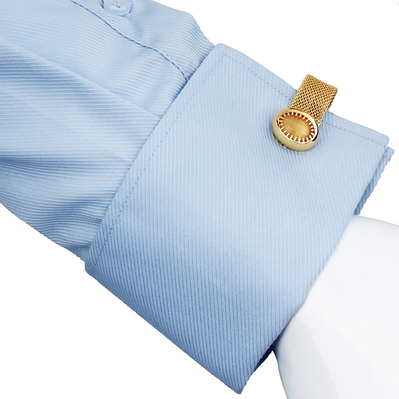 Hawkons manchetknopen met ketting voor heren - stenen en glanzend gouden overhemdaccessoires - feest voor jonge mannen (kattenoog)