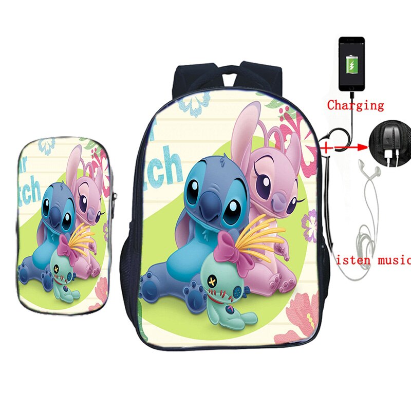 USB Opladen Rugzak Jongens Meisjes Stitch Gedrukt Rugzak Schooltassen met Etui 2 stks/set Casual Reizen Shouler Rugzak: 6