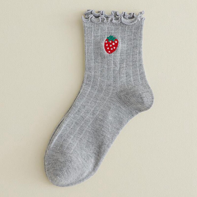 Frilly Embroidered Sock Spring Summer Japan Harajuku Kawaii Cartoon Fruit Cotton Socks Girl Streetwear Happy Casual SOX: Gray
