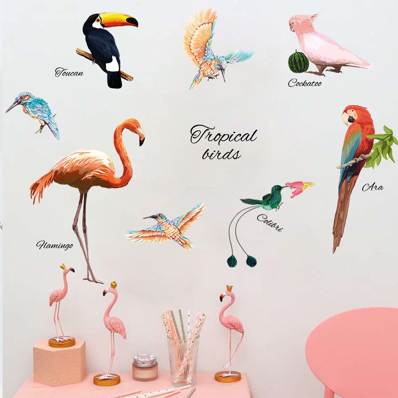 Trooppiset vihreät lehdet flamingo linnut seinätarrat kukat juliste kasvi olohuoneen sisustus koriste vinyylit irrotettava kodin tarra